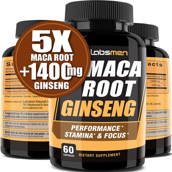 10000mg Maca Root Capsules (w/ Black Maca) + 1400mg Korean Red Panax Ginseng Extract as Maca Root Capsules for Women & Maca Root Capsules for Men for Reproductive Health & Natural Energy