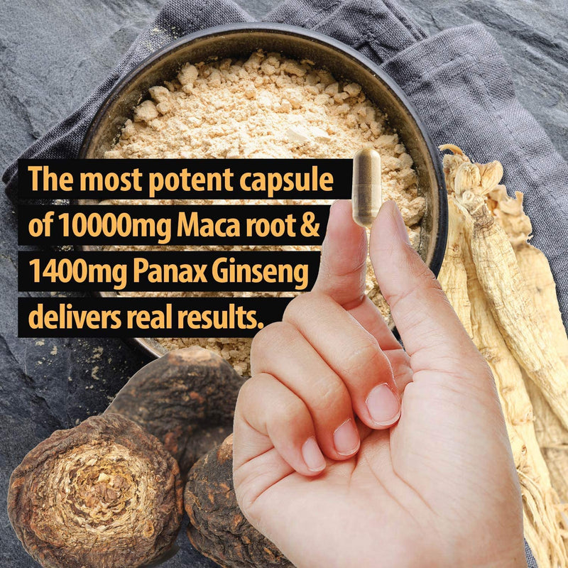 10000mg Maca Root Capsules (w/ Black Maca) + 1400mg Korean Red Panax Ginseng Extract as Maca Root Capsules for Women & Maca Root Capsules for Men for Reproductive Health & Natural Energy