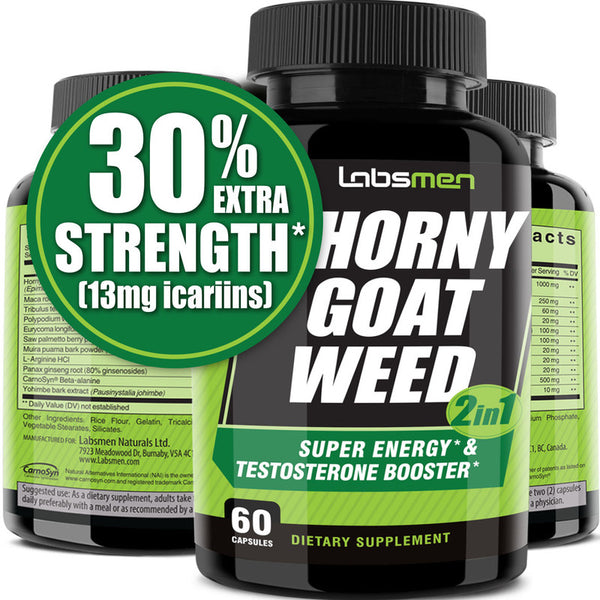 LabsMen 2-in-1 Horny Goat Weed Extract with Epimedium (13mg Icariin), Maca, Tribulus Terrestris, L Arginine & Panax Ginseng Testosterone Booster for Men | Enhance Stamina, Performance & Libido