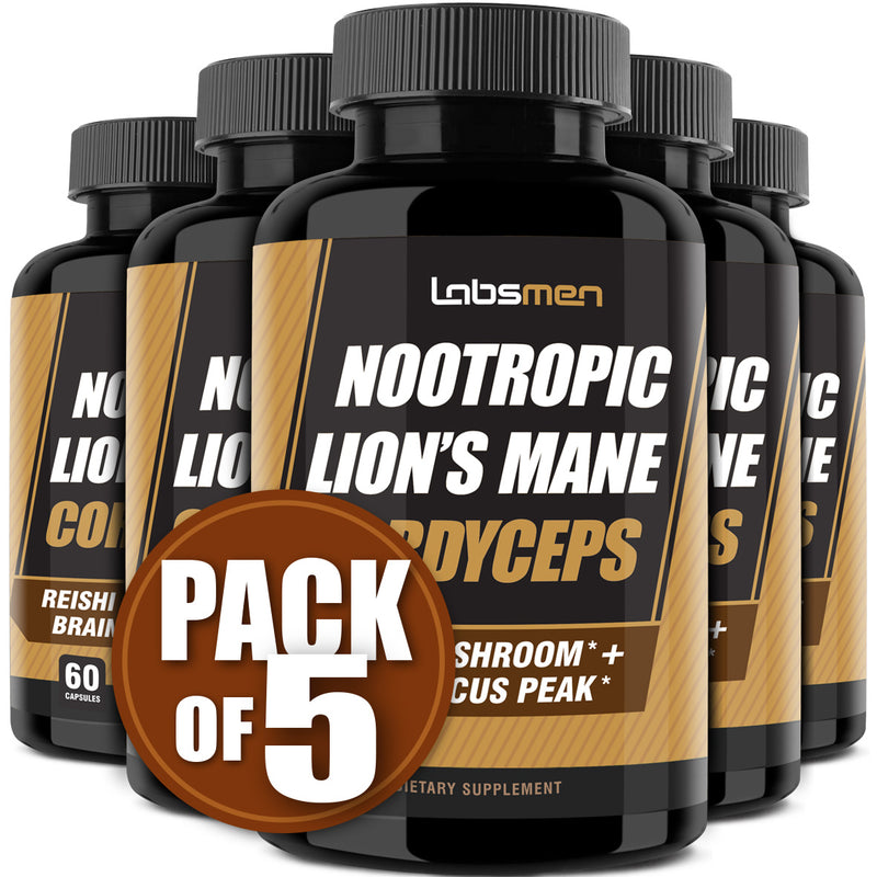 Natural Nootropic Organic Mushroom Complex - Lions Mane, Cordyceps & Reishi Mushroom Supplement as Brain Booster/Energy Pills Help Support Brain Power, Mental Clarity & Immune System, Veggie