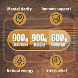 Natural Nootropic Organic Mushroom Complex - Lions Mane, Cordyceps & Reishi Mushroom Supplement as Brain Booster/Energy Pills Help Support Brain Power, Mental Clarity & Immune System, Veggie